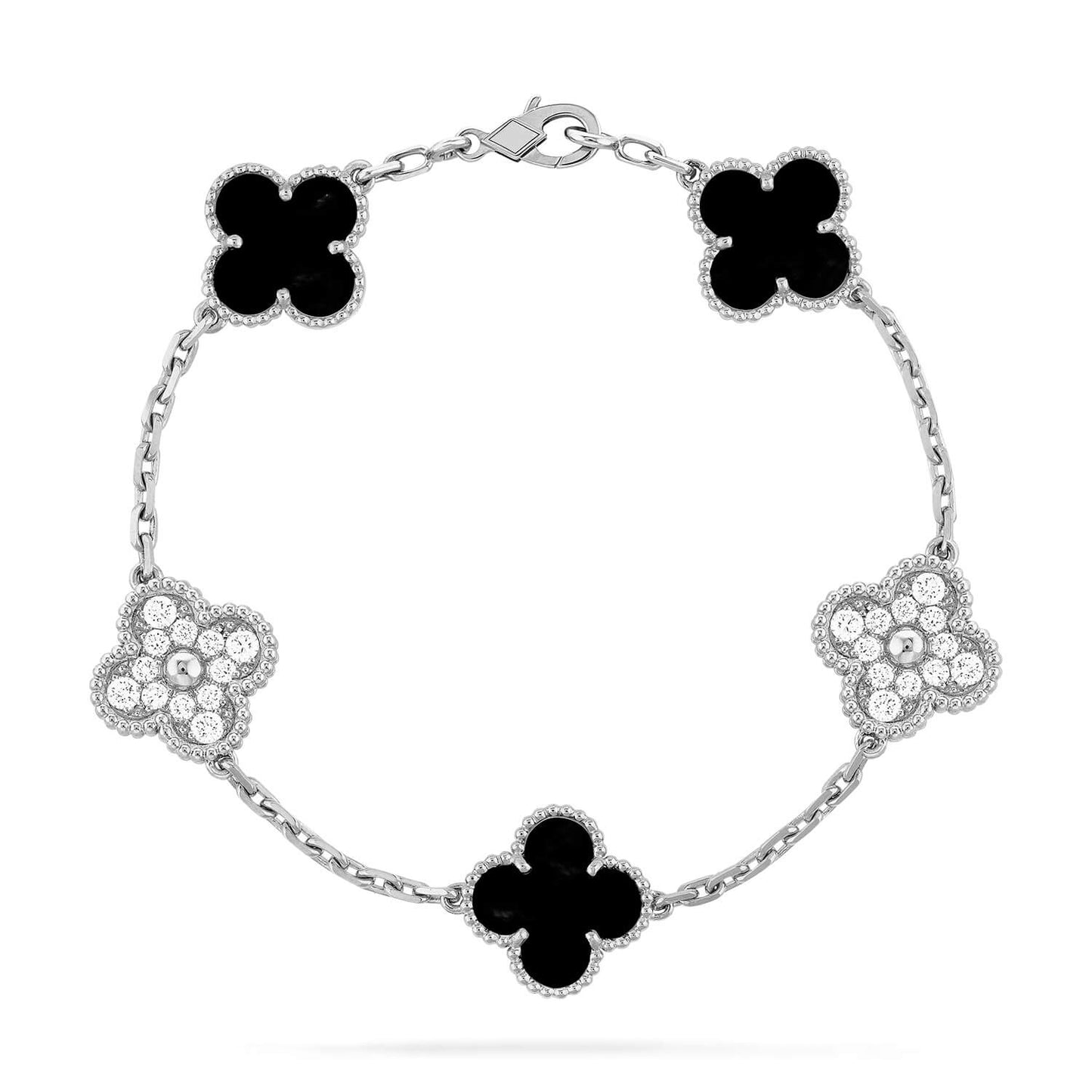 [Kismet Jewels ]CLOVER 5 MOTIF ONYXS DIAMOND BRACELET SILVER